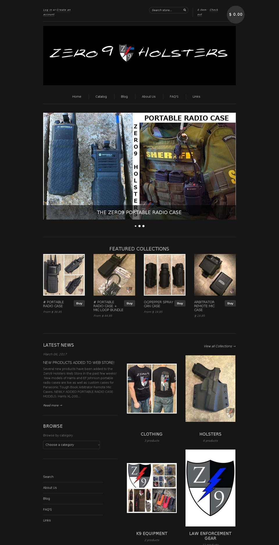 zero9holsters.com shopify website screenshot