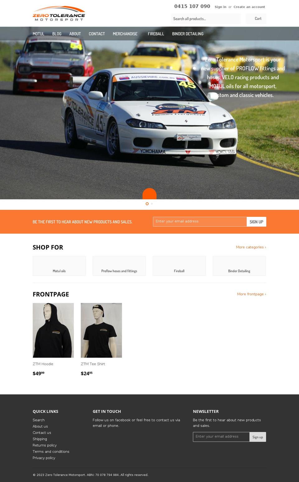 zerotolerancemotorsport.com.au shopify website screenshot