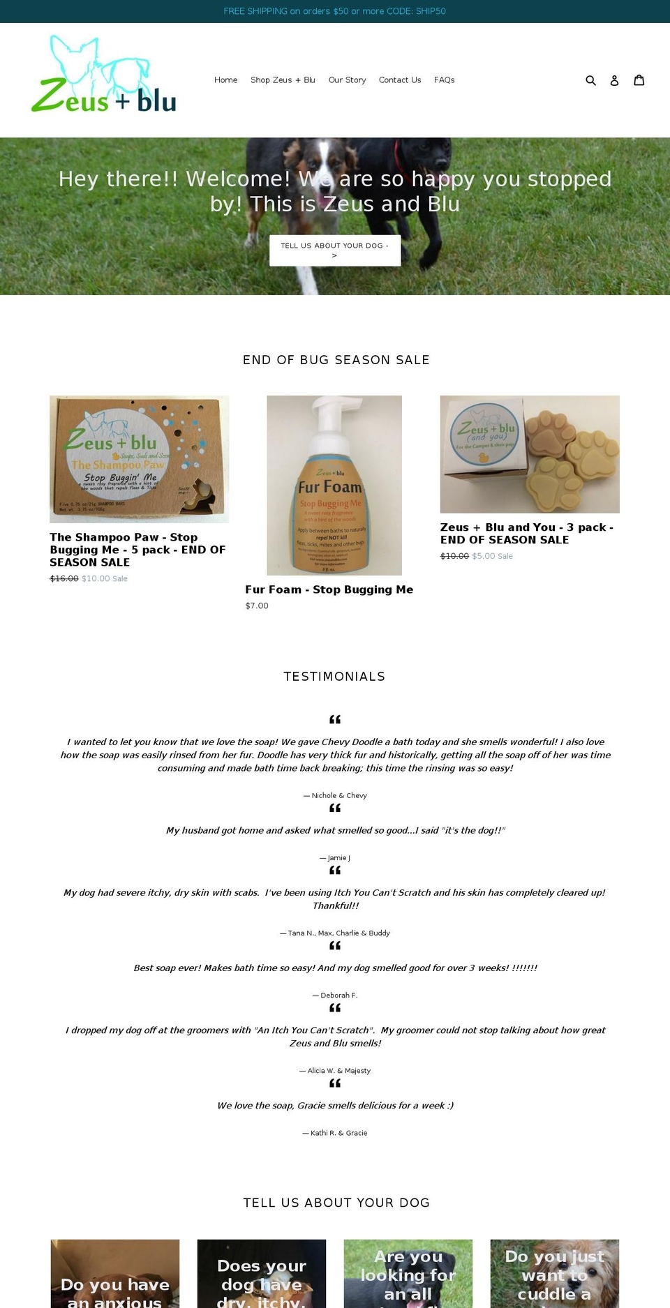 zeusandblu.com — Shopify storefront screenshot