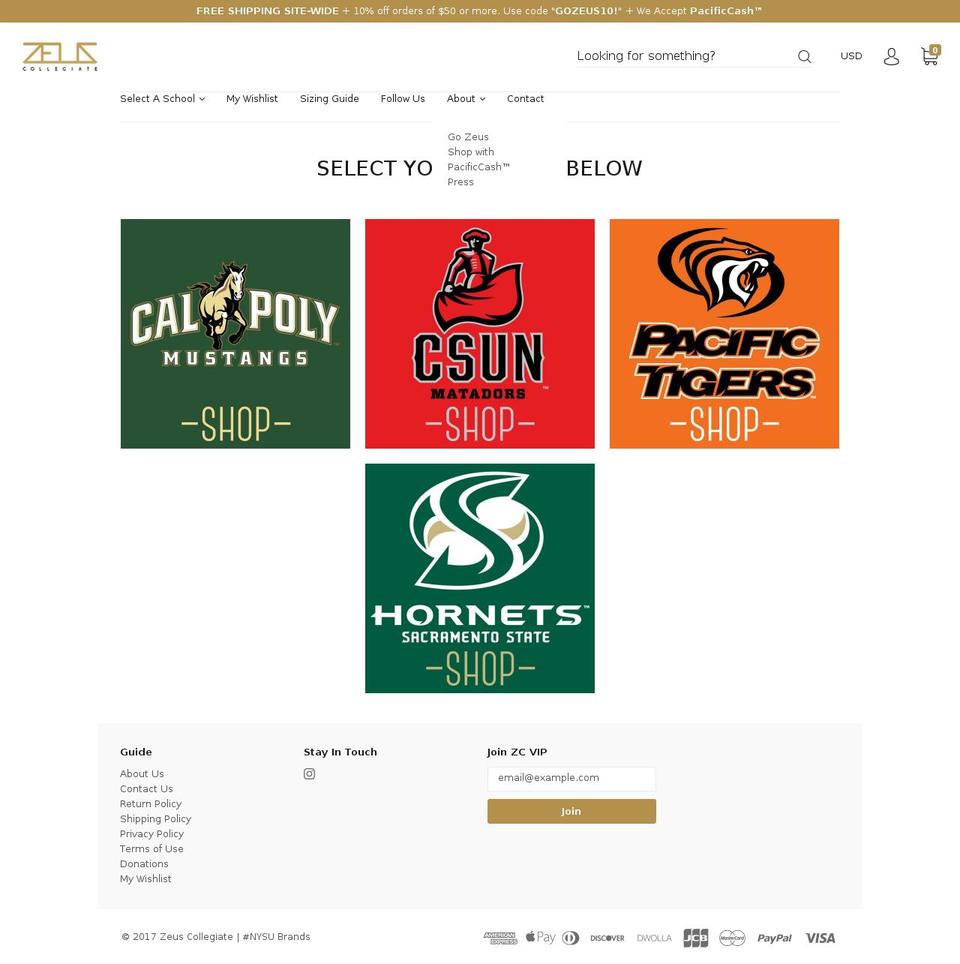 zeuscollegiate.com shopify website screenshot