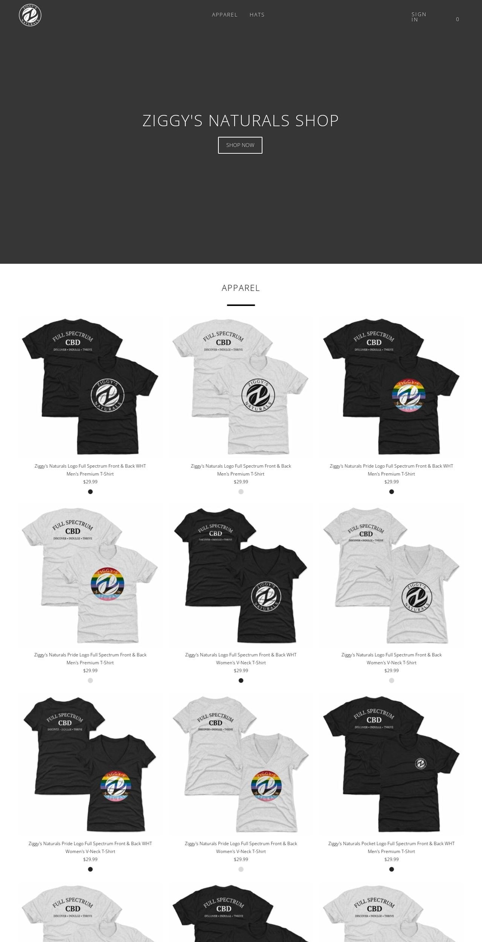 ziggysnaturalsapparel.com shopify website screenshot