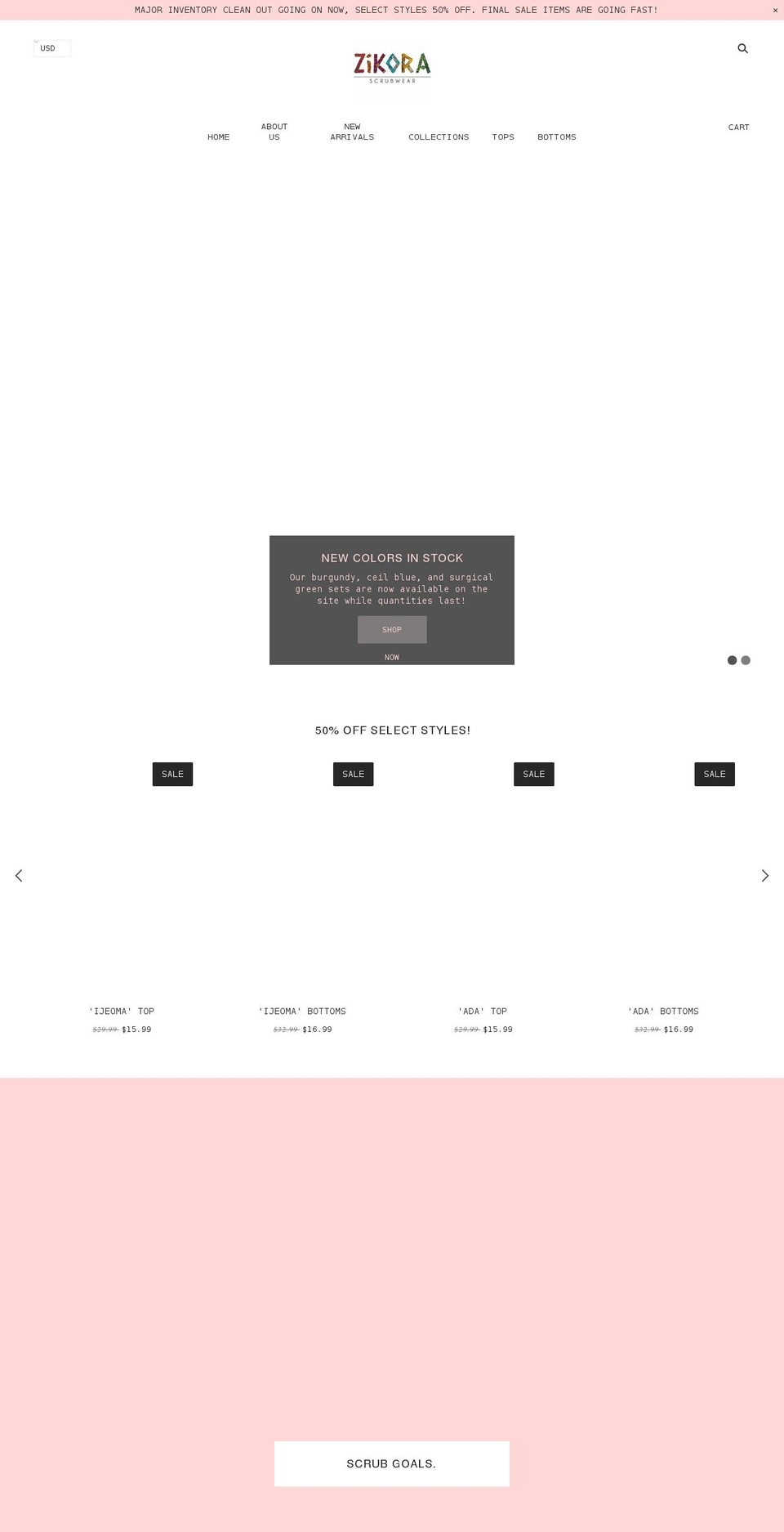 zikorascrubs.com shopify website screenshot