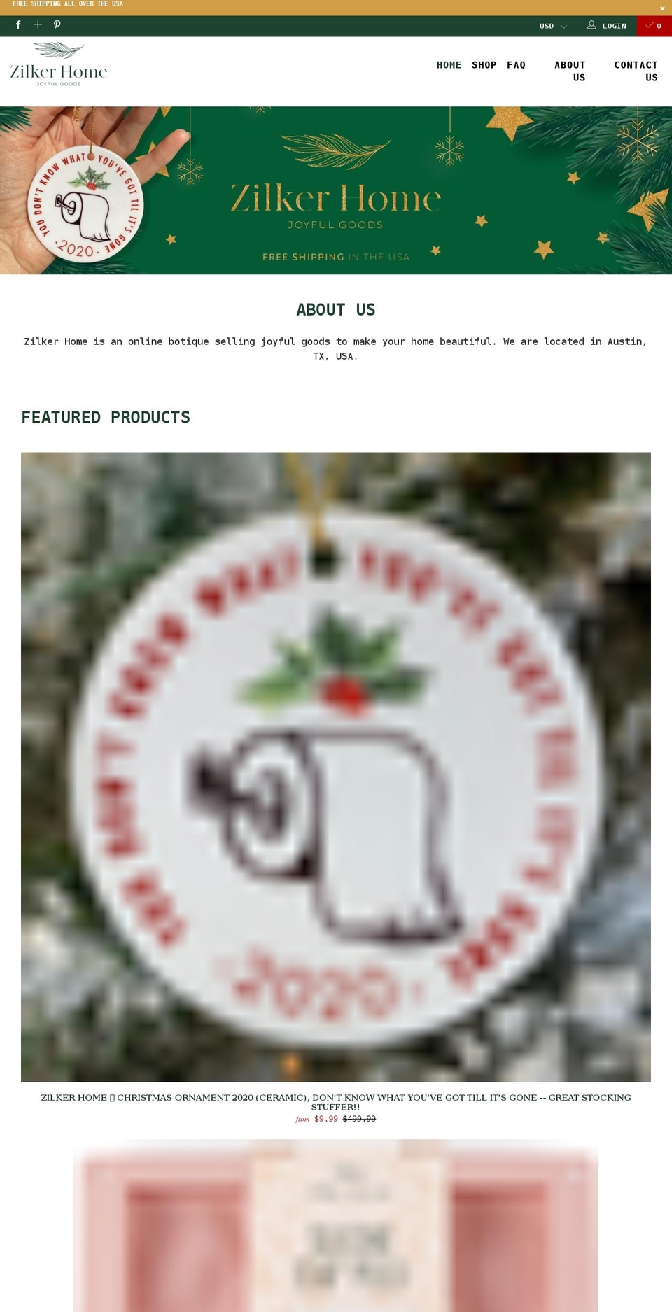 zilkerhome.com shopify website screenshot