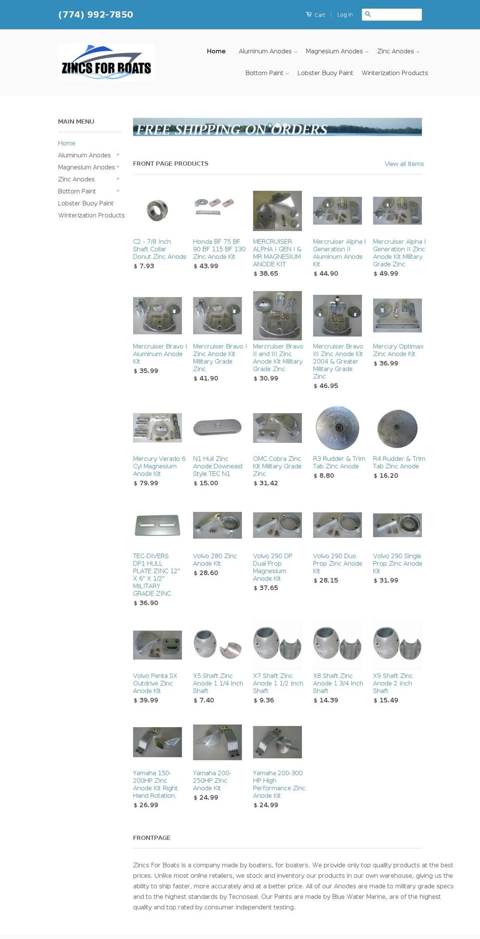 zincsforboats.com shopify website screenshot