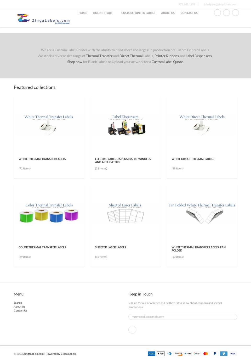 zingalabels.com shopify website screenshot