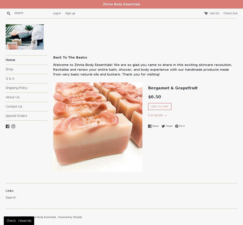 zinniabodyessentials.com shopify website screenshot