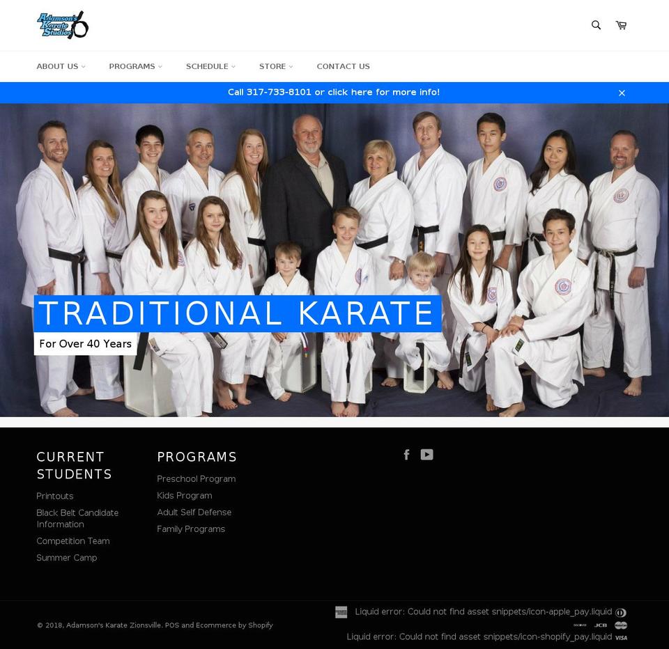 zionsvillekarate.com — Shopify storefront screenshot