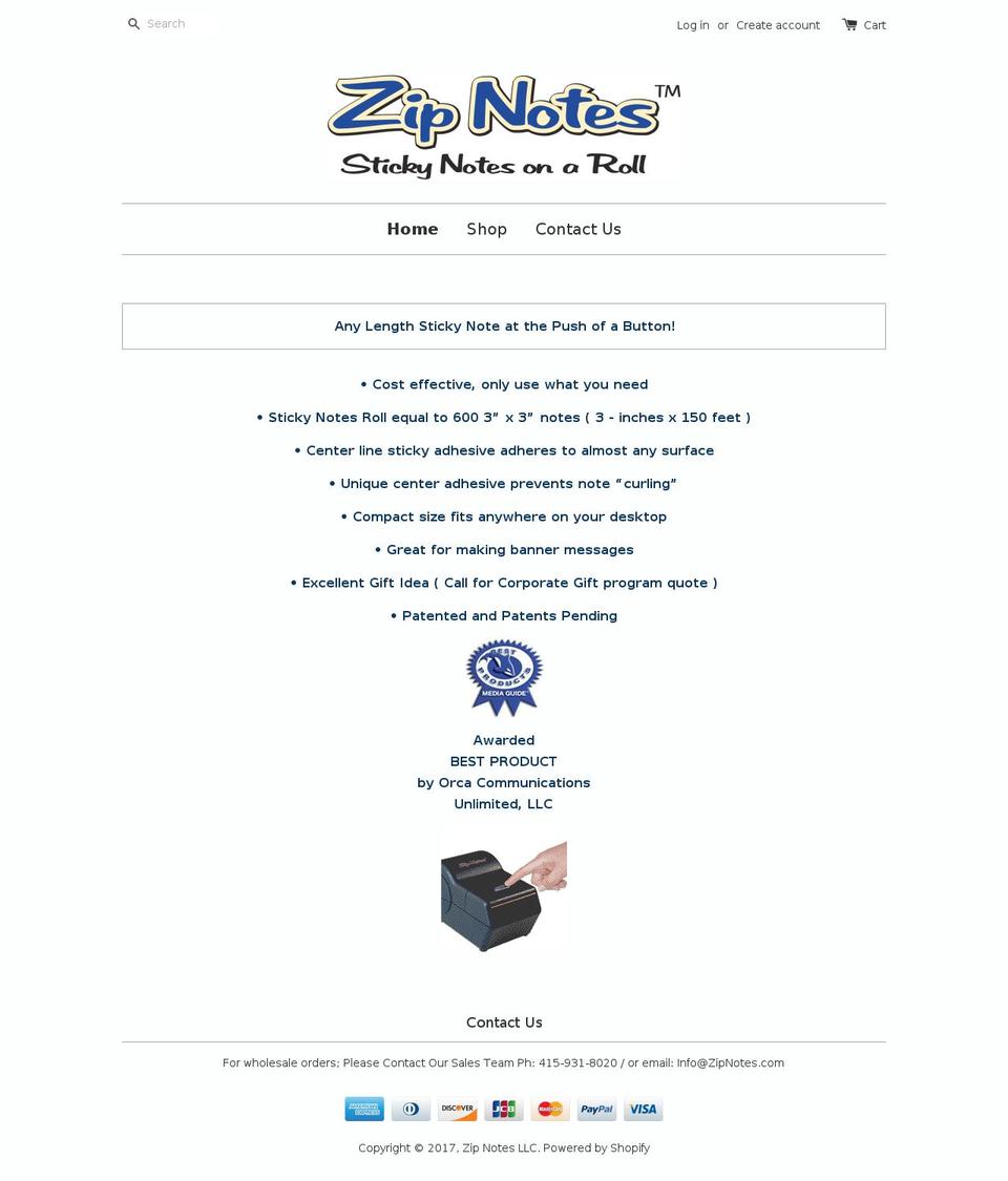 zipnotes.com shopify website screenshot