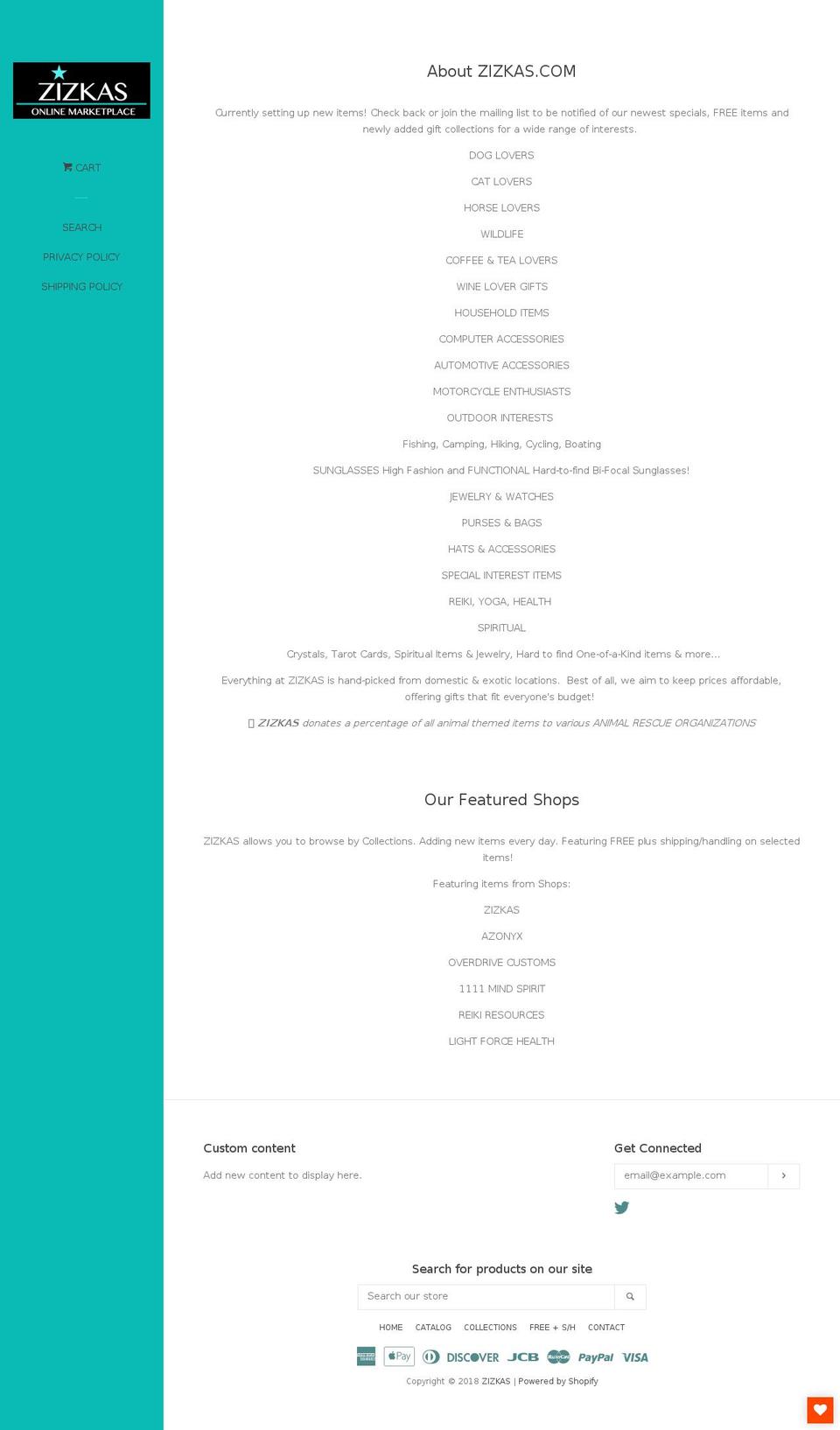 zizkas.com — Shopify storefront screenshot
