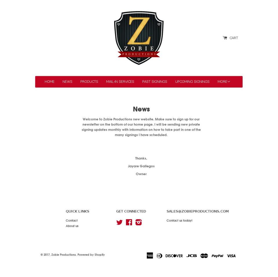 zobieproductions.com shopify website screenshot