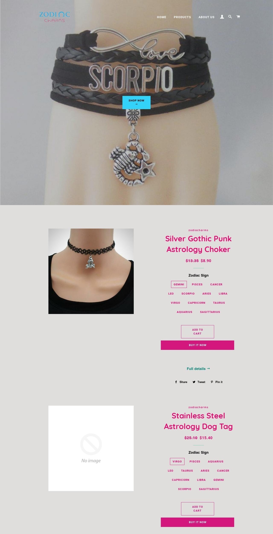 zodiacharms.com — Shopify storefront screenshot
