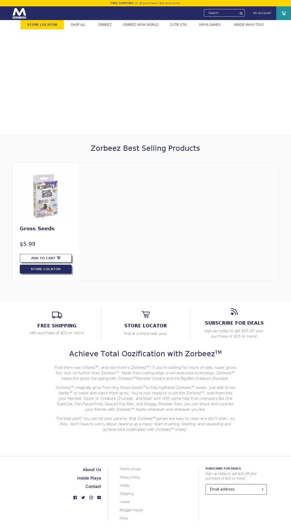 zorbeeztoys.com — Shopify storefront screenshot