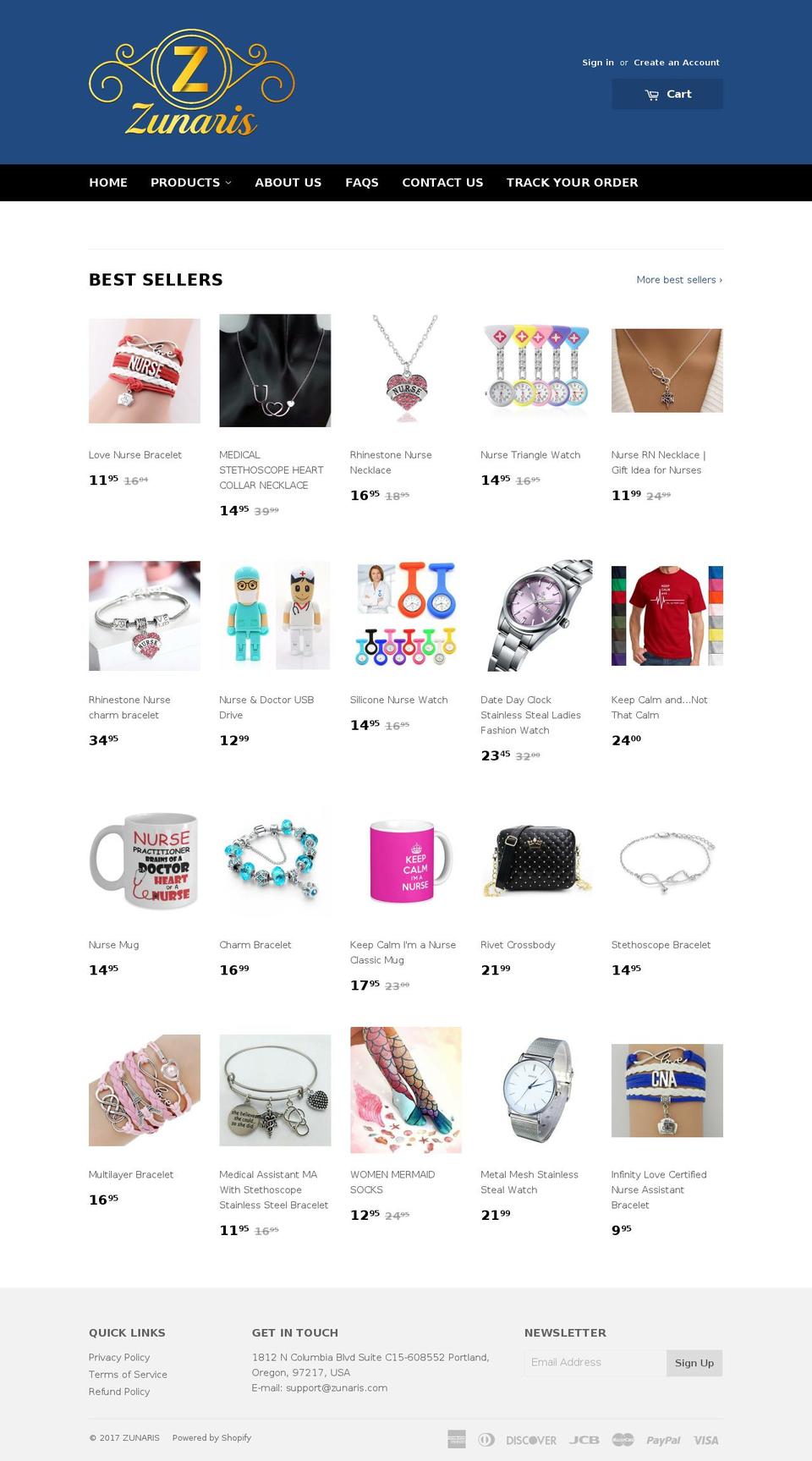 zunaris.com shopify website screenshot